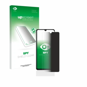 Face avant d’un emballage produit avec le logo de la marque upscreen. À côté, l’appareil Samsung Galaxy A41 est représenté ave