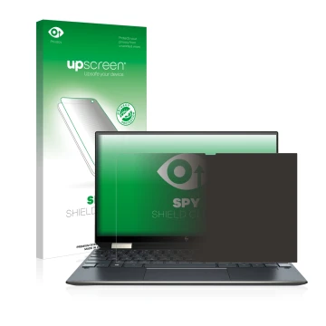 Face avant d’un emballage produit avec le logo de la marque upscreen. À côté, l’appareil HP Spectre x360 13-aw0000ns est repré