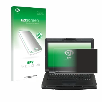 Face avant d’un emballage produit avec le logo de la marque upscreen. À côté, l’appareil Panasonic Toughbook FZ-55 Touch est r