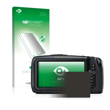 Face avant d’un emballage produit avec le logo de la marque upscreen. À côté, l’appareil Blackmagic Pocket Cinema Camera 6K es