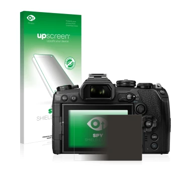 Face avant d’un emballage produit avec le logo de la marque upscreen. À côté, l’appareil Olympus OM-D E-M1 Mark III est représ