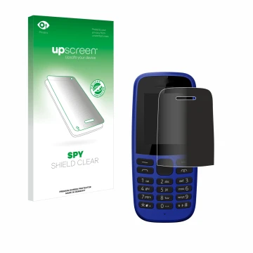 Face avant d’un emballage produit avec le logo de la marque upscreen. À côté, l’appareil Nokia 105 DS 2019 est représenté avec
