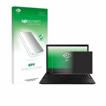 Face avant d’un emballage produit avec le logo de la marque upscreen. À côté, l’appareil Lenovo ThinkPad T590 Non-Touch est re
