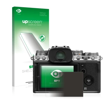 Face avant d’un emballage produit avec le logo de la marque upscreen. À côté, l’appareil Fujifilm X-T4 est représenté avec la 