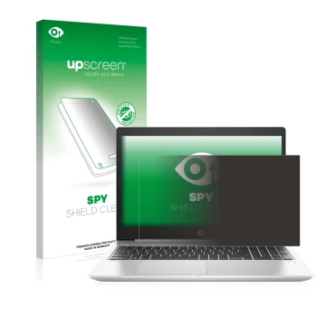 Face avant d’un emballage produit avec le logo de la marque upscreen. À côté, l’appareil HP ProBook 450 G6 est représenté avec