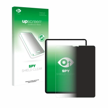 Face avant d’un emballage produit avec le logo de la marque upscreen. À côté, l’appareil Apple iPad 12.9