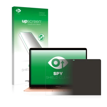 Face avant d’un emballage produit avec le logo de la marque upscreen. À côté, l’appareil Apple MacBook Air 13.3