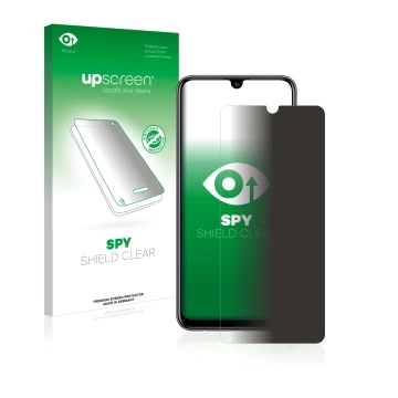 Face avant d’un emballage produit avec le logo de la marque upscreen. À côté, l’appareil Huawei P smart 2020 est représenté av
