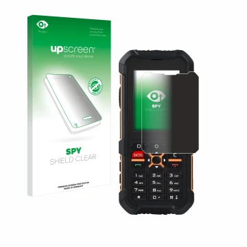 Face avant d’un emballage produit avec le logo de la marque upscreen. À côté, l’appareil RugGear RG170 est représenté avec la 