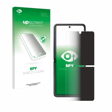 Face avant d’un emballage produit avec le logo de la marque upscreen. À côté, l’appareil Samsung Galaxy Z Flip 5G est représen