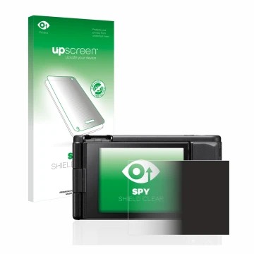 Face avant d’un emballage produit avec le logo de la marque upscreen. À côté, l’appareil Sony ZV-1 est représenté avec la prot