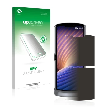Face avant d’un emballage produit avec le logo de la marque upscreen. À côté, l’appareil Motorola Razr 5G 2020 est représenté 