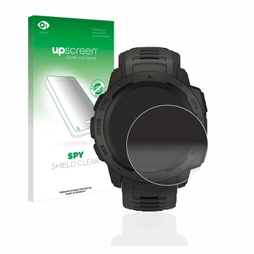 Face avant d’un emballage produit avec le logo de la marque upscreen. À côté, l’appareil Garmin Instinct Solar est représenté 