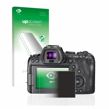 Face avant d’un emballage produit avec le logo de la marque upscreen. À côté, l’appareil Canon EOS R6 est représenté avec la p