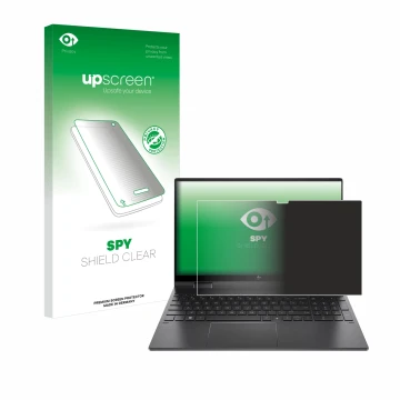 Face avant d’un emballage produit avec le logo de la marque upscreen. À côté, l’appareil HP Envy x360 (15-eX) (358 mm x 230 mm