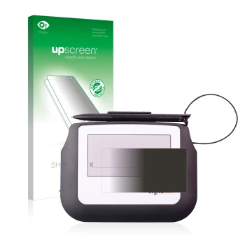 Face avant d’un emballage produit avec le logo de la marque upscreen. À côté, l’appareil Signotec Signature Sigma Lite est rep