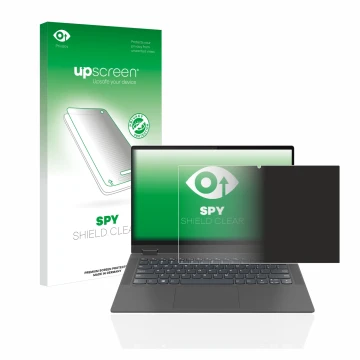 Face avant d’un emballage produit avec le logo de la marque upscreen. À côté, l’appareil Lenovo IdeaPad Flex 5 14
