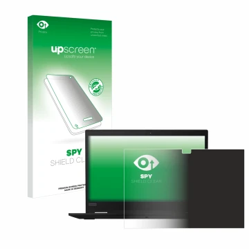 Face avant d’un emballage produit avec le logo de la marque upscreen. À côté, l’appareil Lenovo ThinkPad X13 Yoga 20SX0003GE e