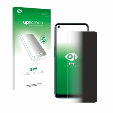 Face avant d’un emballage produit avec le logo de la marque upscreen. À côté, l’appareil Oppo A53 est représenté avec la prote