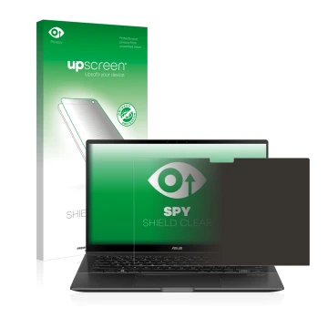 Face avant d’un emballage produit avec le logo de la marque upscreen. À côté, l’appareil ASUS ZenBook Flip 14 UX463FA est repr