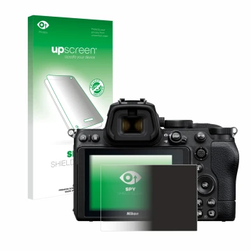 Face avant d’un emballage produit avec le logo de la marque upscreen. À côté, l’appareil Nikon Z 5 est représenté avec la prot