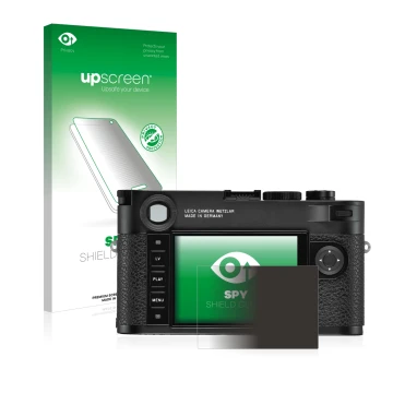 Face avant d’un emballage produit avec le logo de la marque upscreen. À côté, l’appareil Leica M10-R est représenté avec la pr