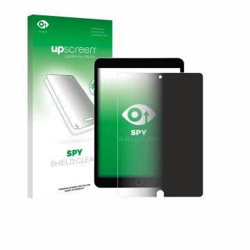 Face avant d’un emballage produit avec le logo de la marque upscreen. À côté, l’appareil Apple iPad 10.2