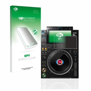 Face avant d’un emballage produit avec le logo de la marque upscreen. À côté, l’appareil Pioneer CDJ 3000 est représenté avec 