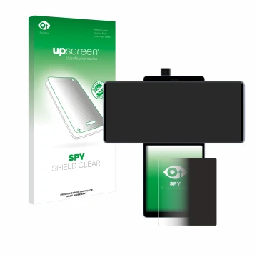 Face avant d’un emballage produit avec le logo de la marque upscreen. À côté, l’appareil LG Wing (Affichage arrière) est repré