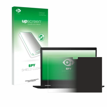 Face avant d’un emballage produit avec le logo de la marque upscreen. À côté, l’appareil Lenovo ThinkPad X13 Yoga Gen 1 est re