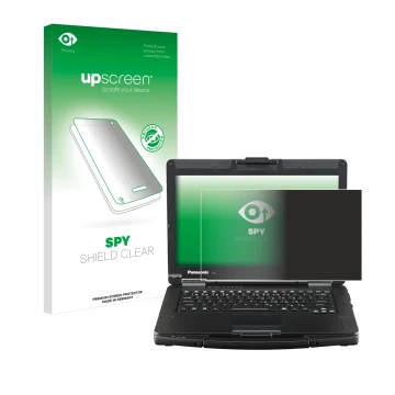 Face avant d’un emballage produit avec le logo de la marque upscreen. À côté, l’appareil Panasonic Toughbook FZ-55 Full HD est