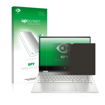 Face avant d’un emballage produit avec le logo de la marque upscreen. À côté, l’appareil HP Pavilion x360 (14-dwX) est représe
