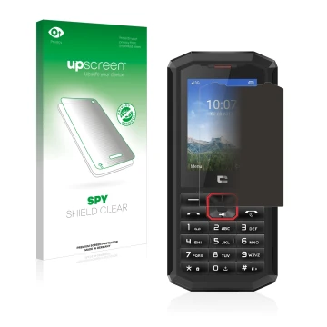 Face avant d’un emballage produit avec le logo de la marque upscreen. À côté, l’appareil Crosscall Spider X5 est représenté av