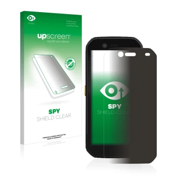 Face avant d’un emballage produit avec le logo de la marque upscreen. À côté, l’appareil Caterpillar Cat S42 est représenté av