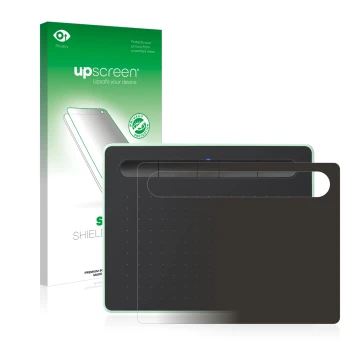 Face avant d’un emballage produit avec le logo de la marque upscreen. À côté, l’appareil Wacom Intuos S Bluetooth est représen