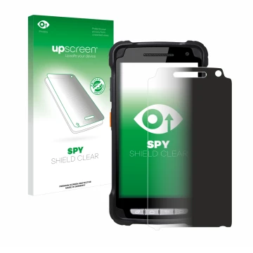 Face avant d’un emballage produit avec le logo de la marque upscreen. À côté, l’appareil Point Mobile PM90 est représenté avec