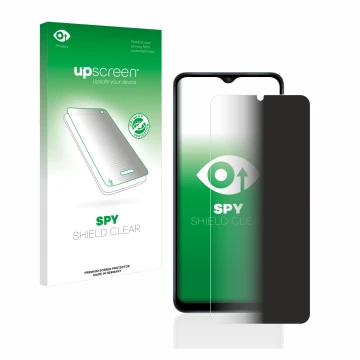 Face avant d’un emballage produit avec le logo de la marque upscreen. À côté, l’appareil Samsung Galaxy A12 est représenté ave