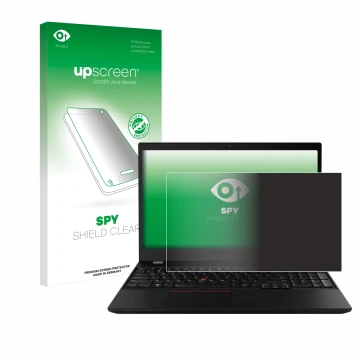 Face avant d’un emballage produit avec le logo de la marque upscreen. À côté, l’appareil Lenovo ThinkPad T15 est représenté av