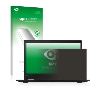 Face avant d’un emballage produit avec le logo de la marque upscreen. À côté, l’appareil Lenovo ThinkPad X13 Gen 1 est représe
