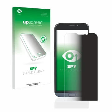 Face avant d’un emballage produit avec le logo de la marque upscreen. À côté, l’appareil Doro 8050 Plus est représenté avec la