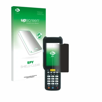 Face avant d’un emballage produit avec le logo de la marque upscreen. À côté, l’appareil Zebra MC3300X est représenté avec la 
