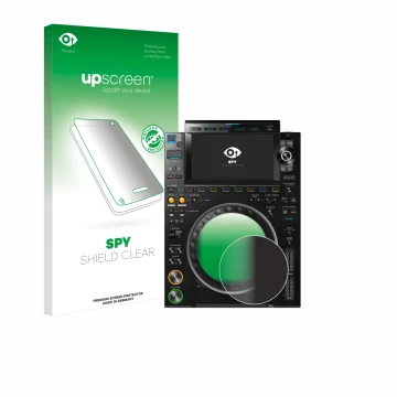 Face avant d’un emballage produit avec le logo de la marque upscreen. À côté, l’appareil Pioneer CDJ 3000 (Cercle) est représe