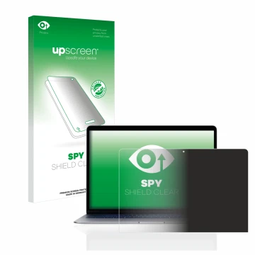 Face avant d’un emballage produit avec le logo de la marque upscreen. À côté, l’appareil Apple MacBook Air 13