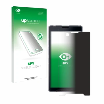 Face avant d’un emballage produit avec le logo de la marque upscreen. À côté, l’appareil Bittium Tough Mobile 2 est représenté