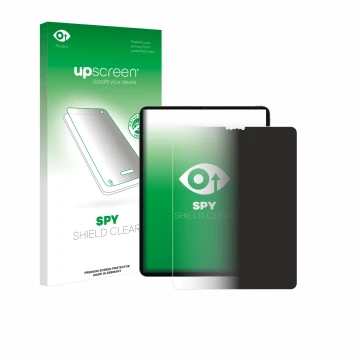 Face avant d’un emballage produit avec le logo de la marque upscreen. À côté, l’appareil Apple iPad Pro 12.9