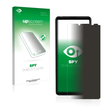 Face avant d’un emballage produit avec le logo de la marque upscreen. À côté, l’appareil Sony Xperia 10 III est représenté ave