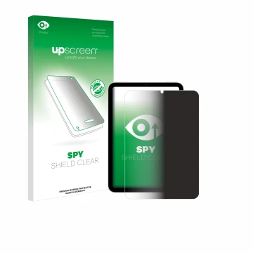 Face avant d’un emballage produit avec le logo de la marque upscreen. À côté, l’appareil Apple iPad Mini 6 WiFi 2021 est repré