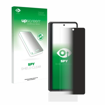 Face avant d’un emballage produit avec le logo de la marque upscreen. À côté, l’appareil Samsung Galaxy Z Fold 3 5G est représ