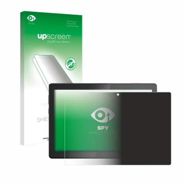 Face avant d’un emballage produit avec le logo de la marque upscreen. À côté, l’appareil Lenovo Tab M10 TB-X505F est représent