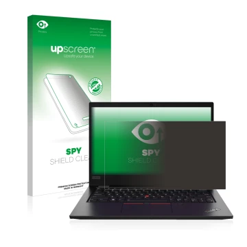 Face avant d’un emballage produit avec le logo de la marque upscreen. À côté, l’appareil Lenovo ThinkPad L13 Gen 2 est représe